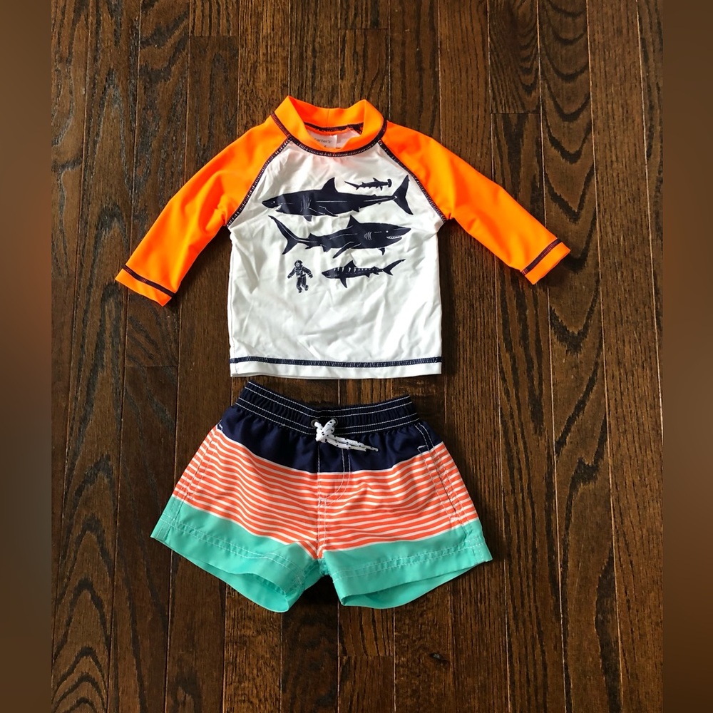 Carter’s Infant Boys 3-6M 2-Piece Orange/White Long-Sleeved Rash Guard & Trunks